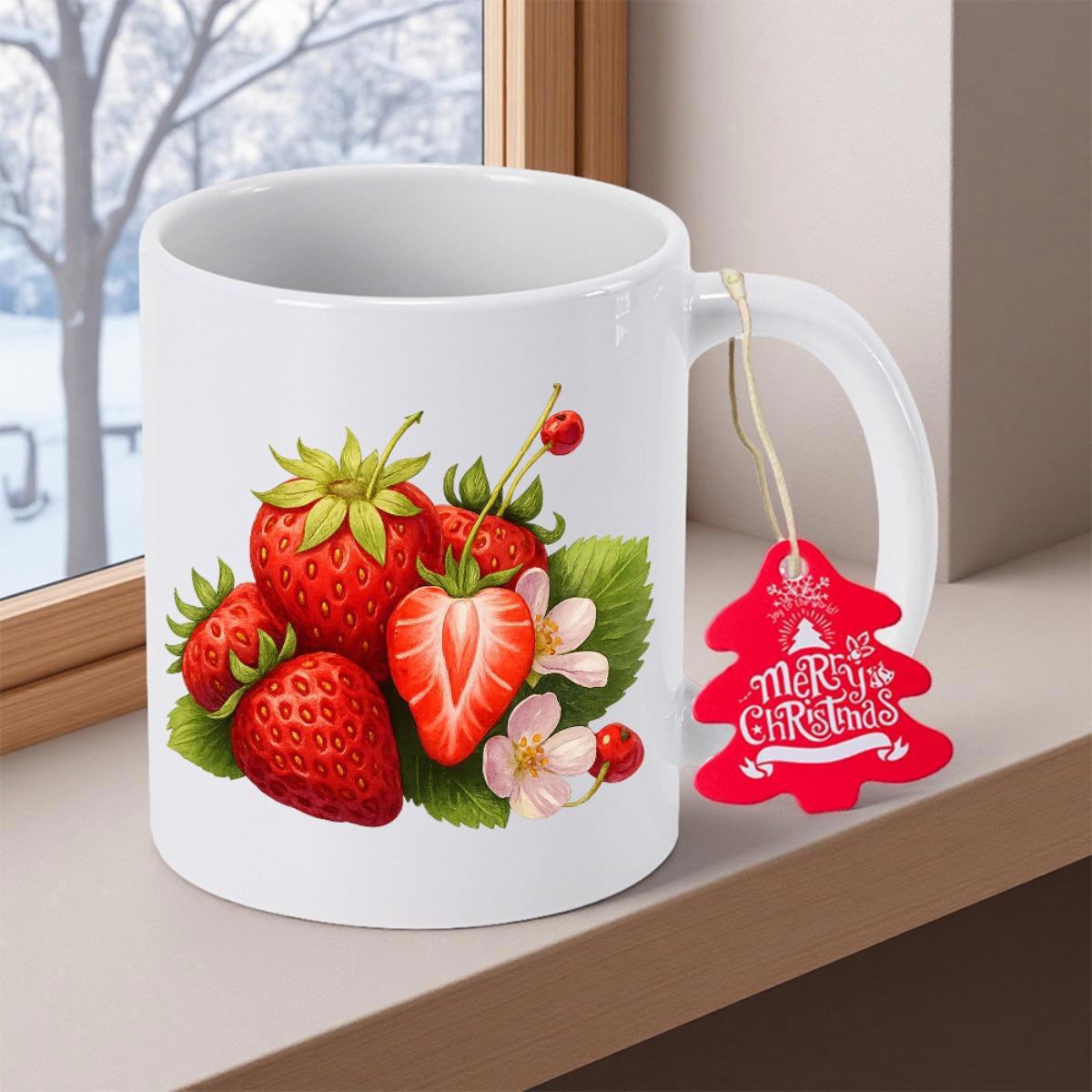 Tailorly White Ceramic 11 oz Mug - Merry Christmas Vibrant Red Berries With Green Leaves And Delicate White Blossoms Strawberry