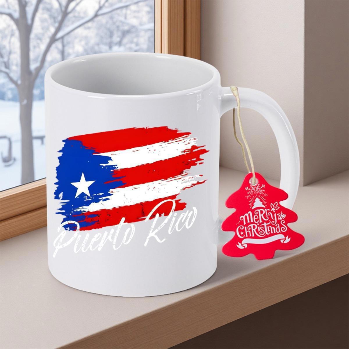 Tailorly White Ceramic 11 oz Mug - Puerto Rico Artistic Distressed Brushstroke Style Representing Vibrant Patriotic Colors Heritage National Flag