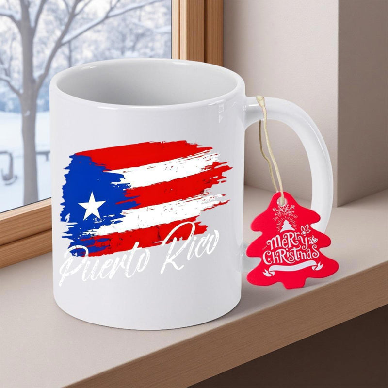 Tailorly White Ceramic 11 oz Mug - Puerto Rico Artistic Distressed Brushstroke Style Representing Vibrant Patriotic Colors Heritage National Flag