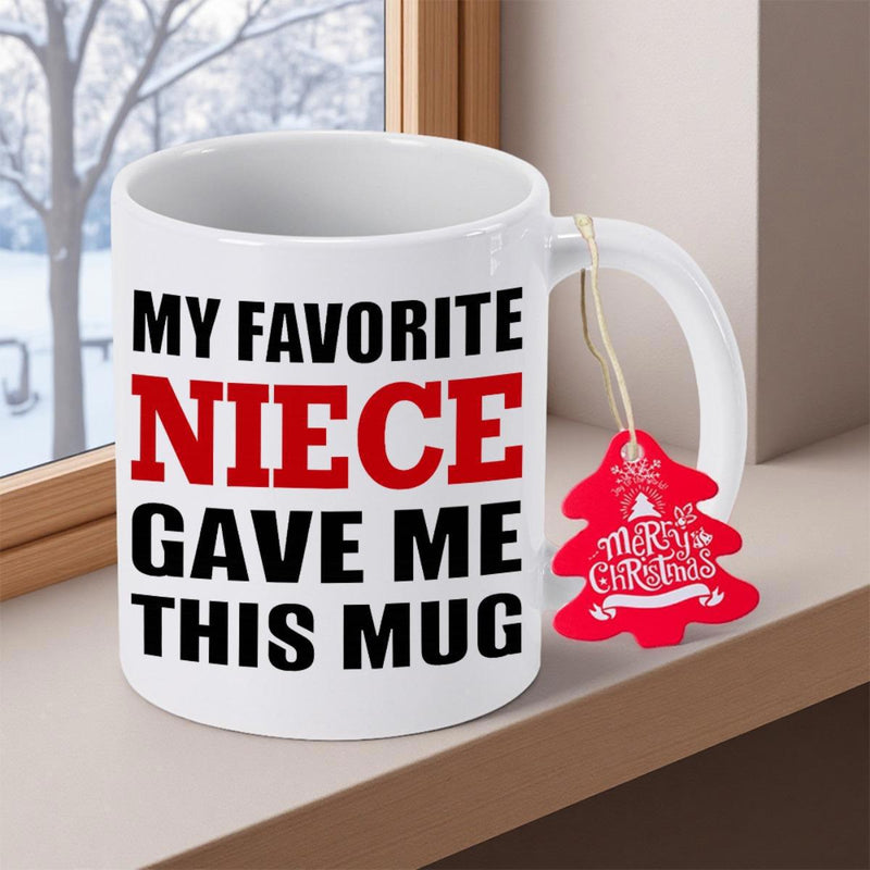 Tailorly White Ceramic 11 oz Mug - My Favorite Niece Gave Me This Mug Merry Christmas Festive White Ceramic Coffee Vessel With Bold Red Tree Tag Mug