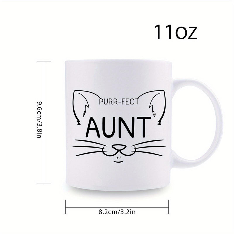 Tailorly White Ceramic 11 oz Mug - Purr-Fect Aunt Simple Minimalist Artistic Line Drawing Of Cute Domestic Feline Face Cat