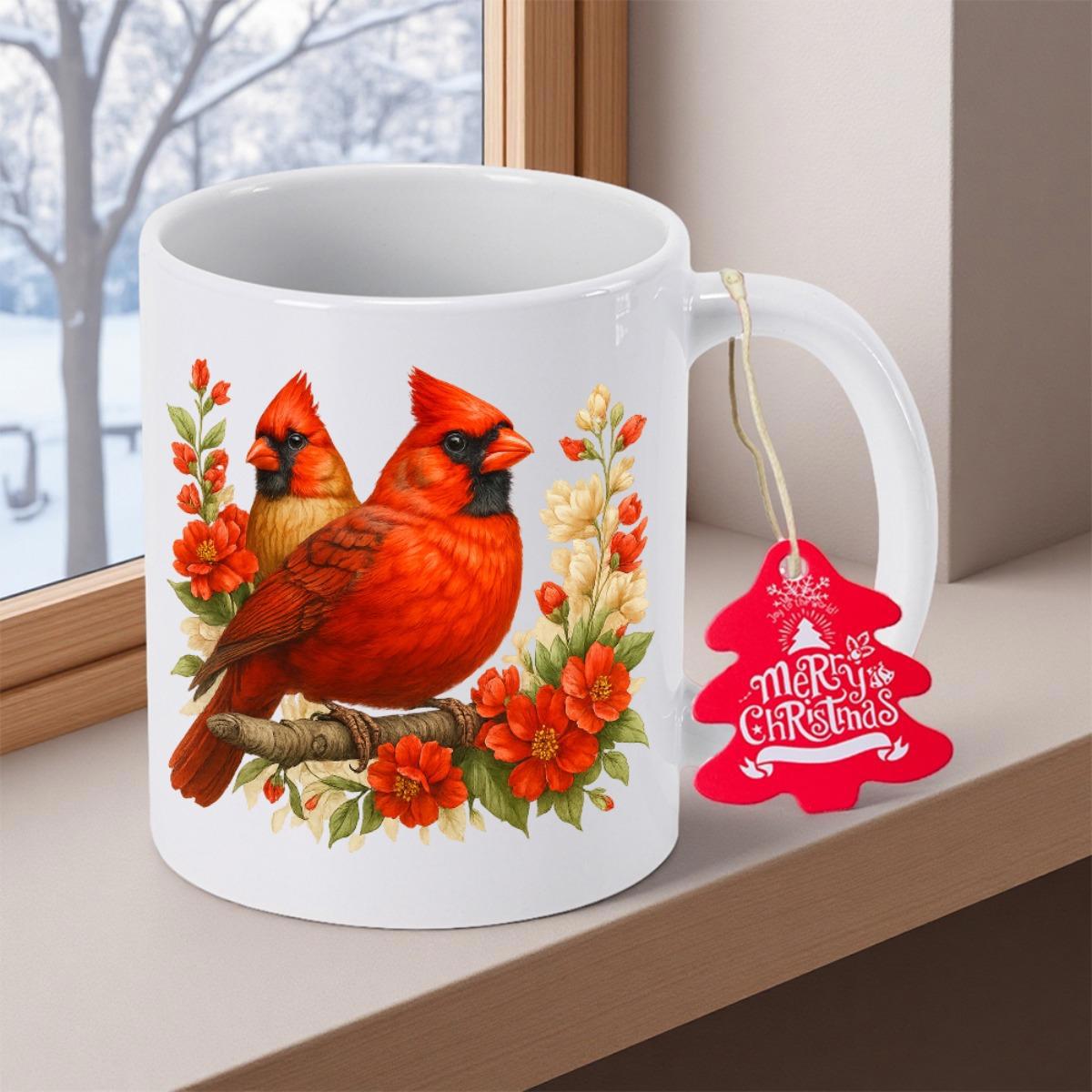 Tailorly White Ceramic 11 oz Mug - Merry Christmas Two Vibrant Red Birds Perched On Flowering Winter Branches Cardinal