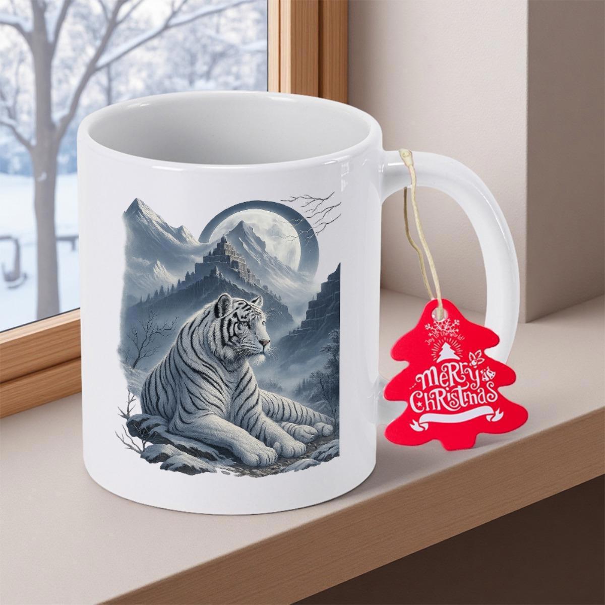 Tailorly White Ceramic 11 oz Mug - Merry Christmas Majestic White Tiger Resting Among Snowy Mountains Under Large Moon Tiger