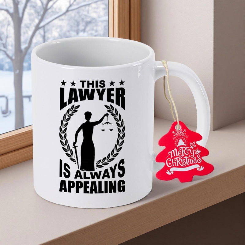 Tailorly White Ceramic 11 oz Mug - This Lawyer Is Always Appealing Elegant Silhouette Of Lady Justice Holding Balanced Scales Inside Wreath Lady Justice