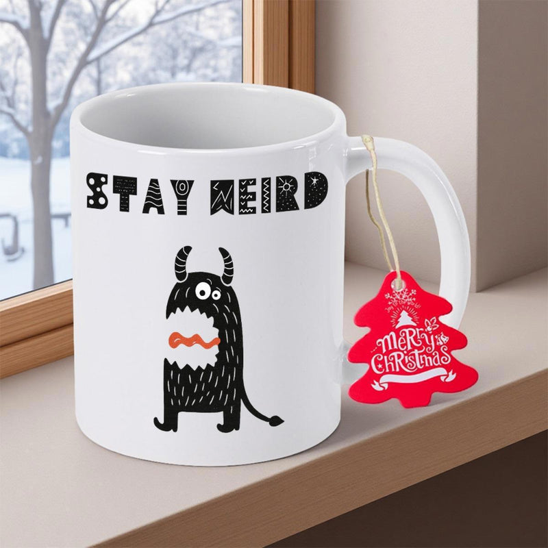 Tailorly White Ceramic 11 oz Mug - Stay Weird Quirky Hand Drawn Black Furry Creature With Tiny Horns Monster
