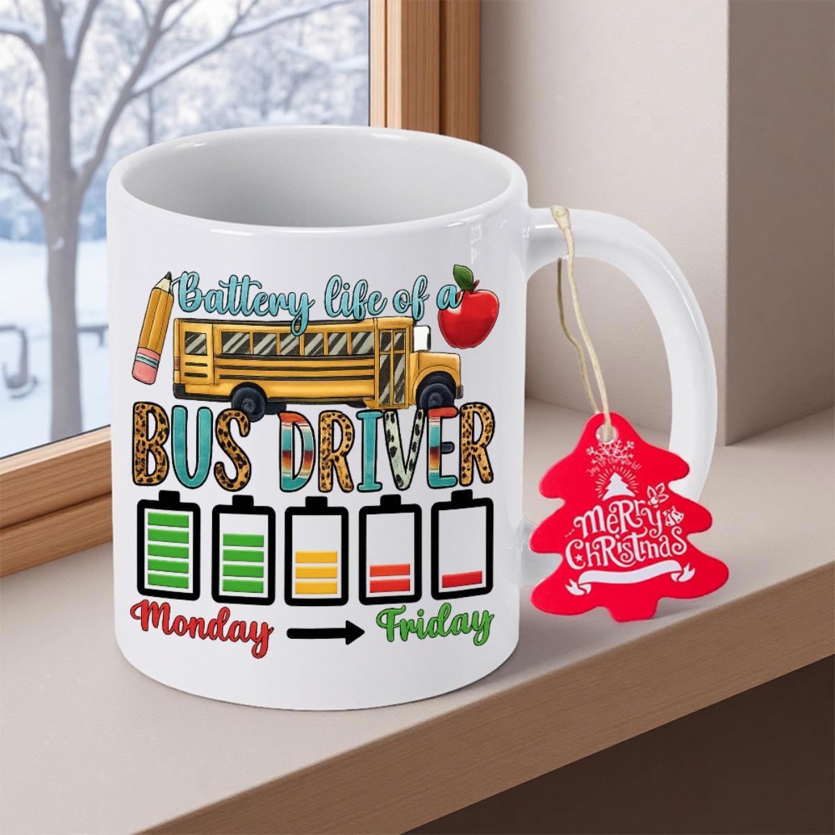 Tailorly White Ceramic 11 oz Mug - Battery Life Of A Bus Driver Monday Friday Merry Christmas Yellow Iconic School Bus With Battery Icons Showing Low Energy Levels