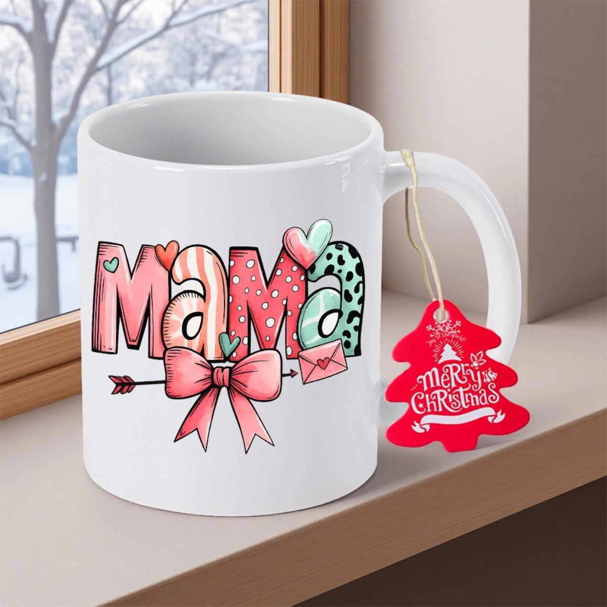 Tailorly White Ceramic 11 oz Mug - Mama Merry Christmas Colorful Patterned Letters With Elegant Bow And Romantic Heart Shapes Mama