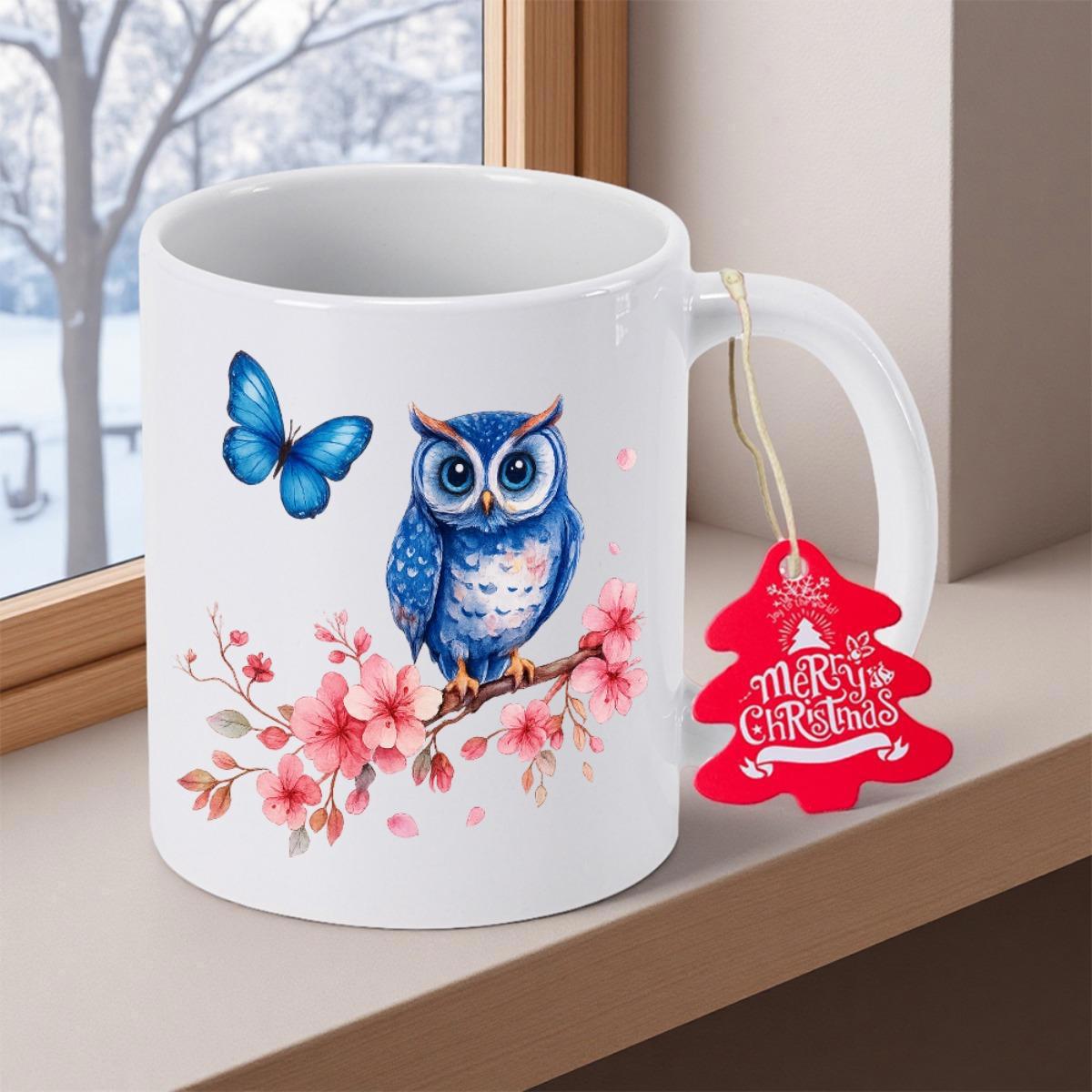 Tailorly White Ceramic 11 oz Mug - Merry Christmas Majestic Blue Owl Perched On Delicate Pink Cherry Blossom Branch Owl