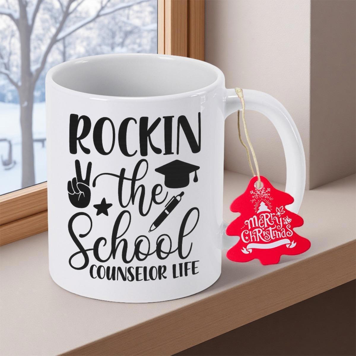 Tailorly White Ceramic 11 oz Mug - Rockin The School Counselor Life Academic Symbols With Graduation Cap And Pencil Black Ink Illustration Mug