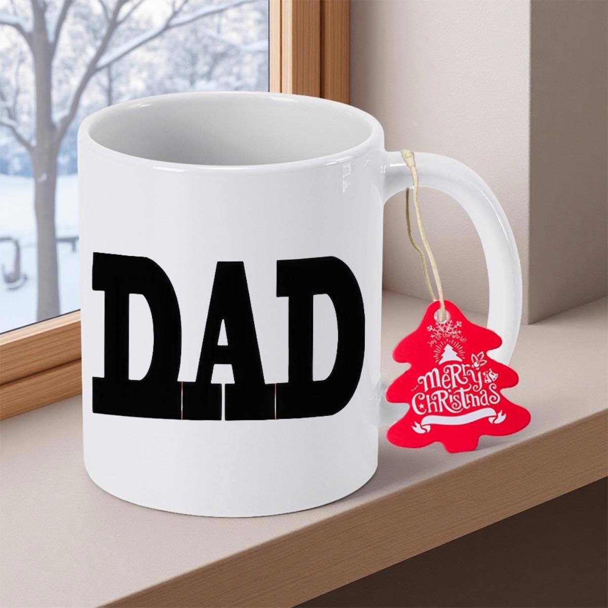 Tailorly White Ceramic 11 oz Mug - Dad Merry Christmas Simple White Ceramic With Bold Black Typography And Red Tree Tag Mug