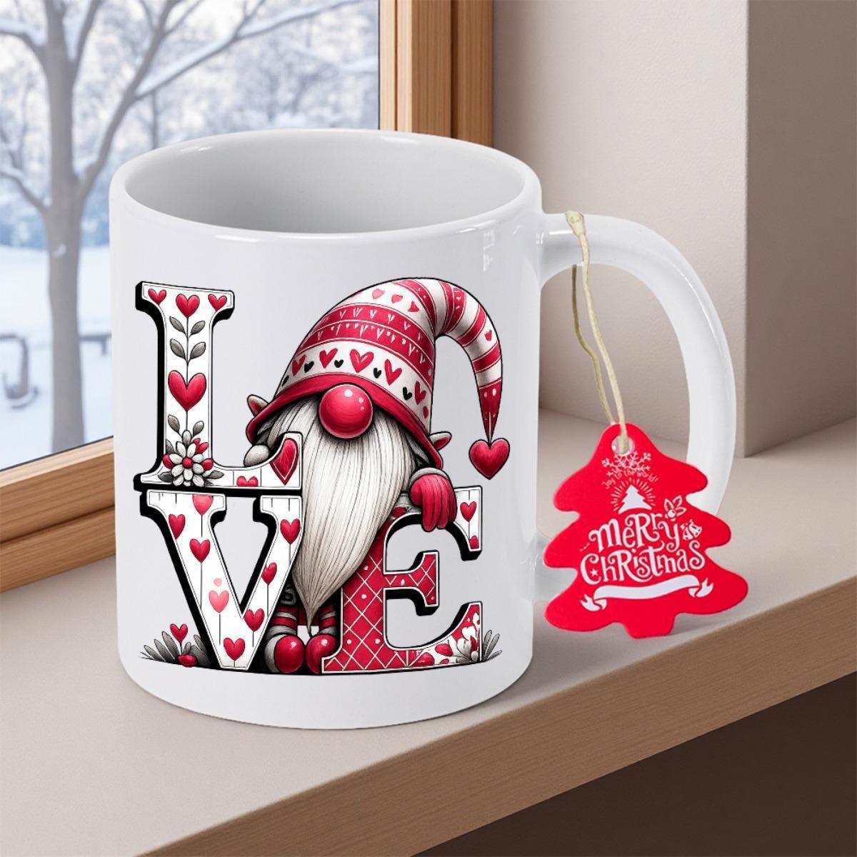 Tailorly White Ceramic 11 oz Mug - Love Merry Christmas Adorable Holiday Character Wearing Red Striped Hat Among Heart Patterns Gnome