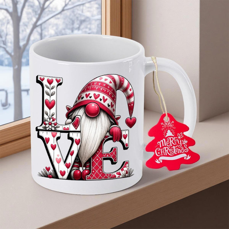 Tailorly White Ceramic 11 oz Mug - Love Merry Christmas Adorable Holiday Character Wearing Red Striped Hat Among Heart Patterns Gnome
