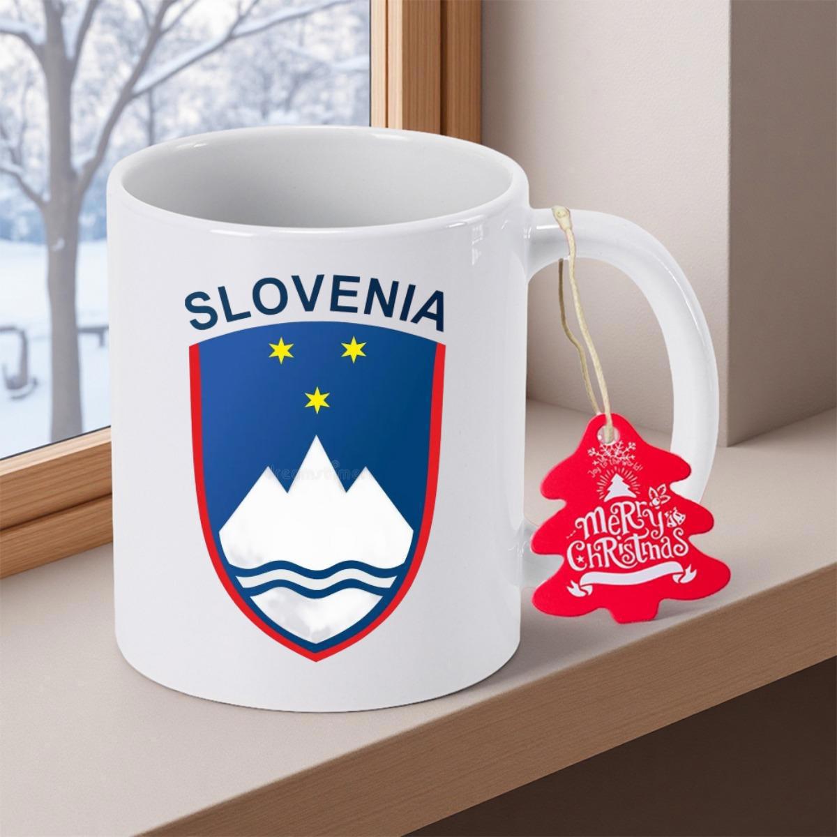 Tailorly White Ceramic 11 oz Mug - Slovenia Shield Showing Snowy Mountains Under Three Golden Stars Emblem