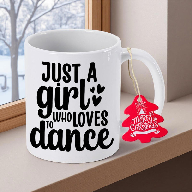 Tailorly White Ceramic 11 oz Mug - Just A Girl Who Loves To Dance Merry Christmas Featuring Decorative Black Lettering And Small Hearts Mug