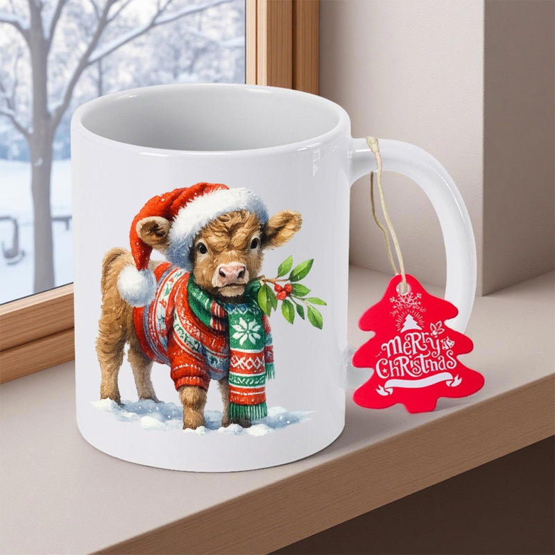 Tailorly White Ceramic 11 oz Mug - Merry Christmas Adorable Highland Calf Wearing Festive Santa Hat And Cozy Winter Scarf Cow