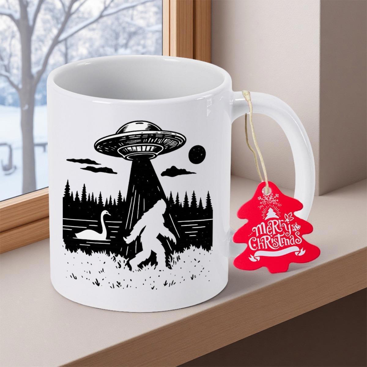 Tailorly White Ceramic 11 oz Mug - Merry Christmas Mysterious Forest Landscape Featuring A UFO Beaming Light Above A Wandering Bigfoot