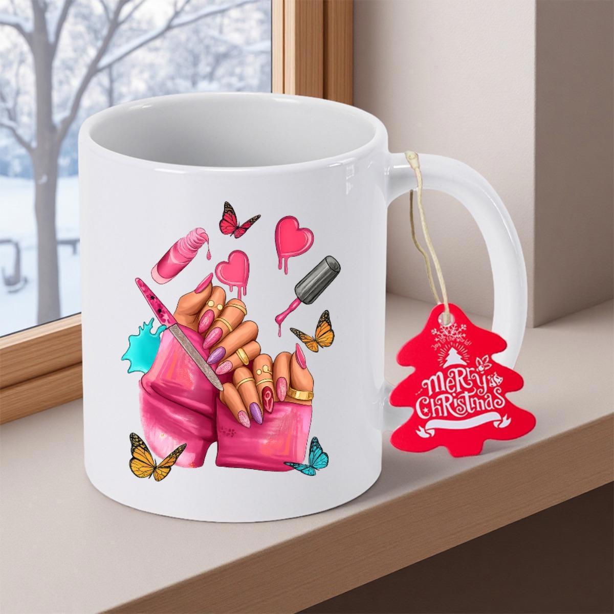 Tailorly White Ceramic 11 oz Mug - Artistic Manicured Nails With Pink Butterflies And Hearts Among Vibrant Polish Hand