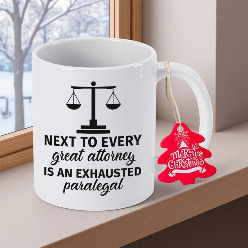 Tailorly White Ceramic 11 oz Mug - Next To Every Great Attorney Is An Exhausted Paralegal Merry Christmas Minimalist Black Scales Of Justice Symbol Printed On A