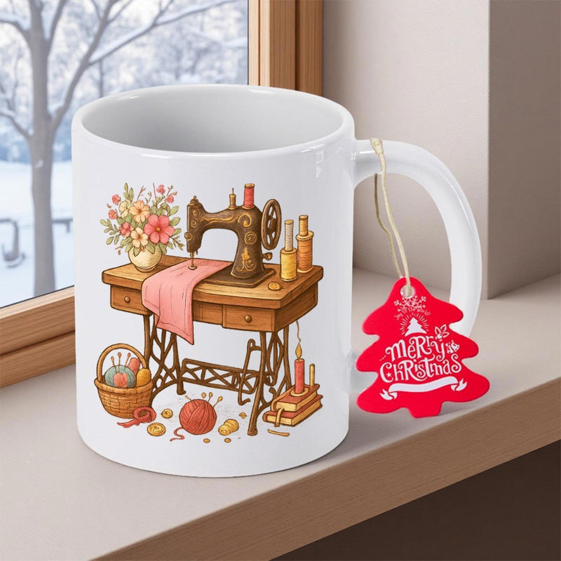 Tailorly White Ceramic 11 oz Mug - Antique Wooden Table With Beautiful Flowers And Yarn Basket Sewing Machine