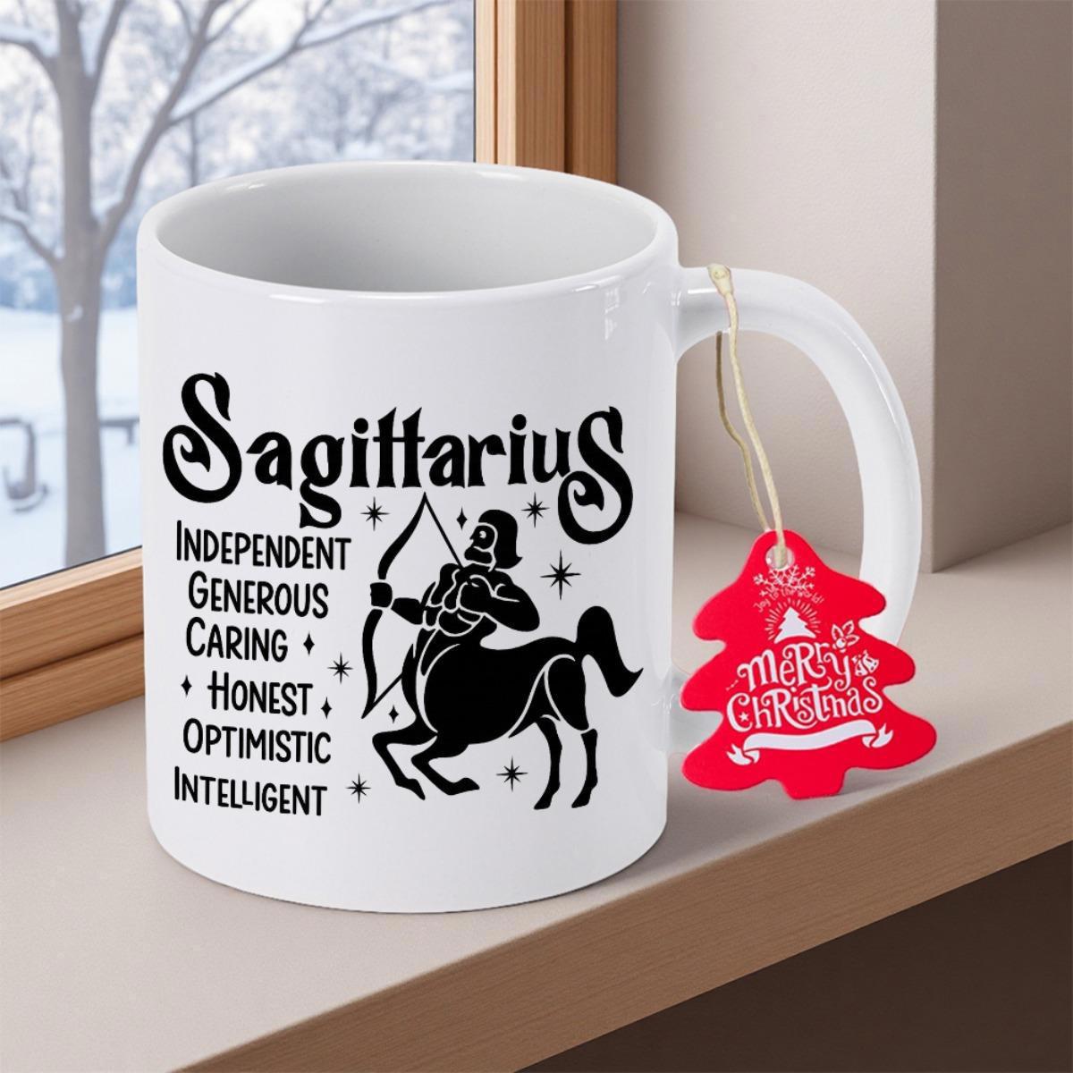 Tailorly White Ceramic 11 oz Mug - Sagittarius Independent Generous Caring Honest Optimistic Intelligent Detailed Mythological Archer Drawing Bow Amidst Small