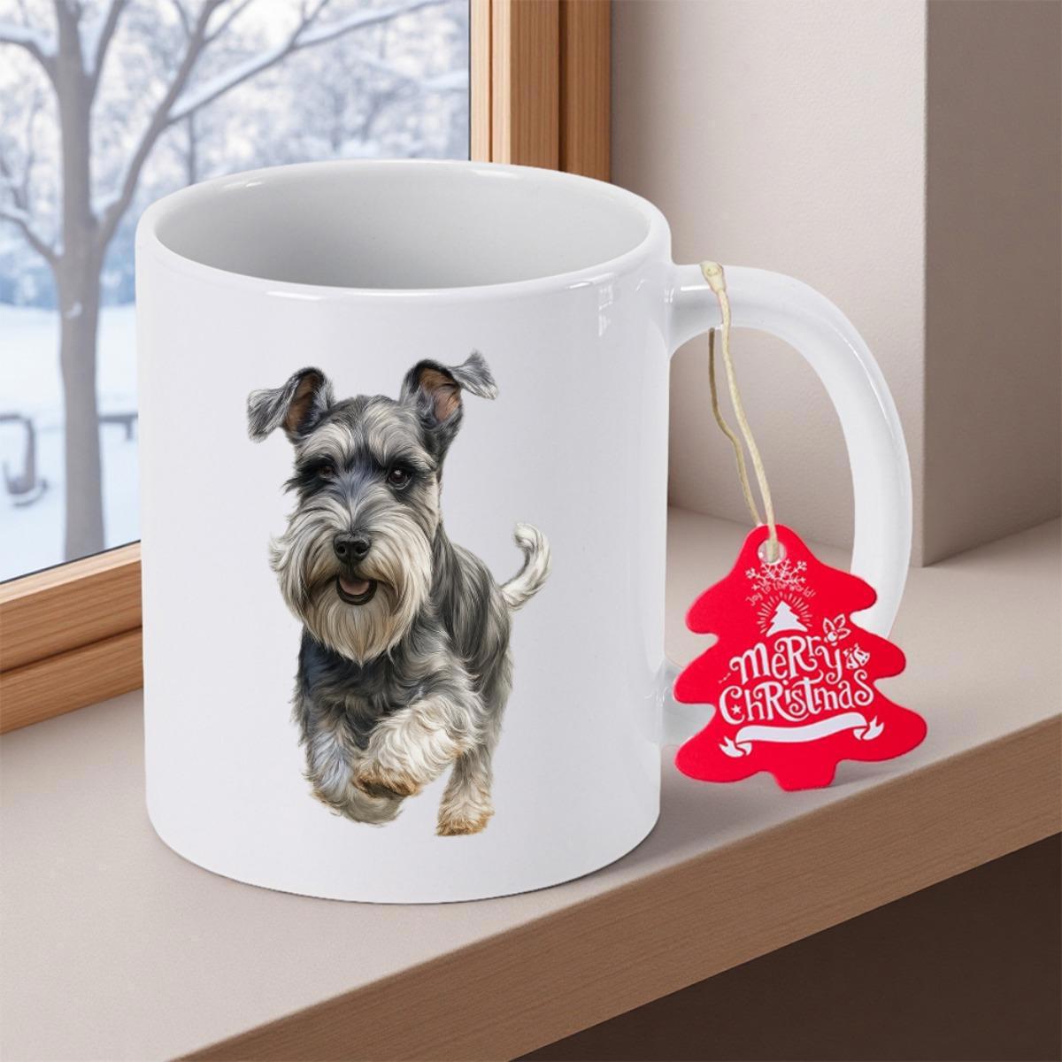 Tailorly White Ceramic 11 oz Mug - Merry Christmas Adorable Realistic Grey And White Running On A Smooth Surface Schnauzer