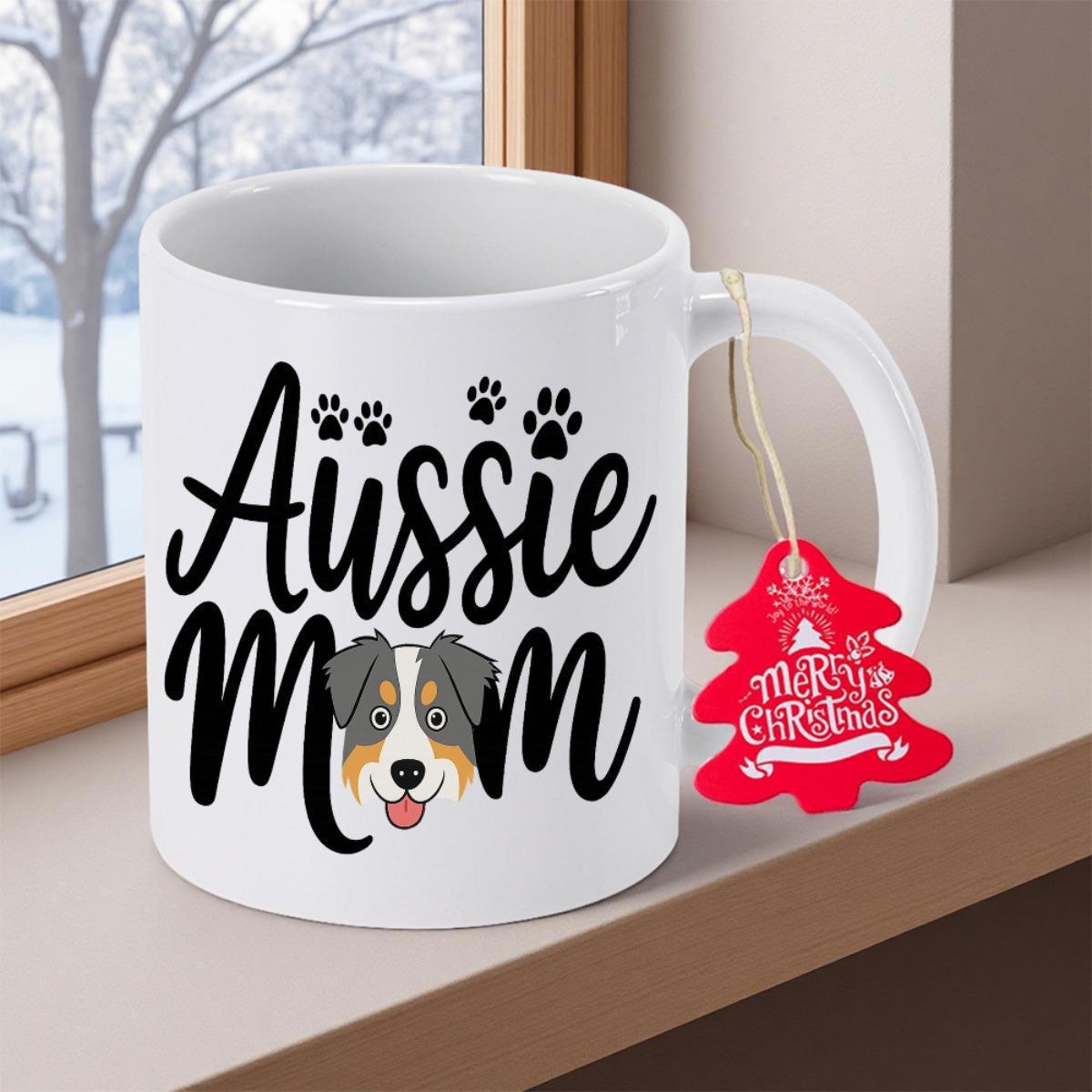 Tailorly White Ceramic 11 oz Mug - Aussie Mom Artistic Script With Tiny Paw Prints And Australian Shepherd Dog