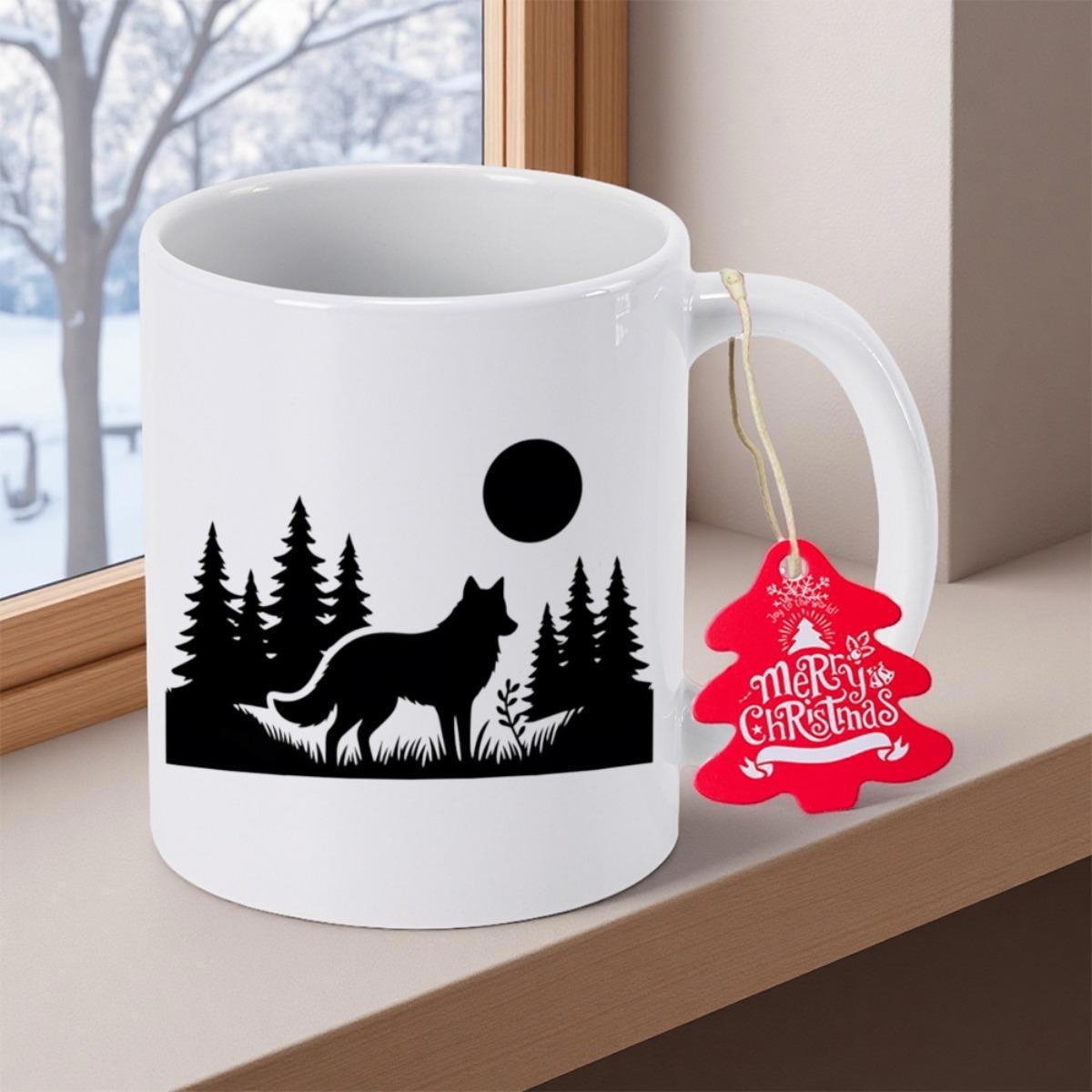 Tailorly White Ceramic 11 oz Mug - Merry Christmas Majestic Black Silhouette Standing Amidst Tall Pine Trees Under Large Moon Wolf