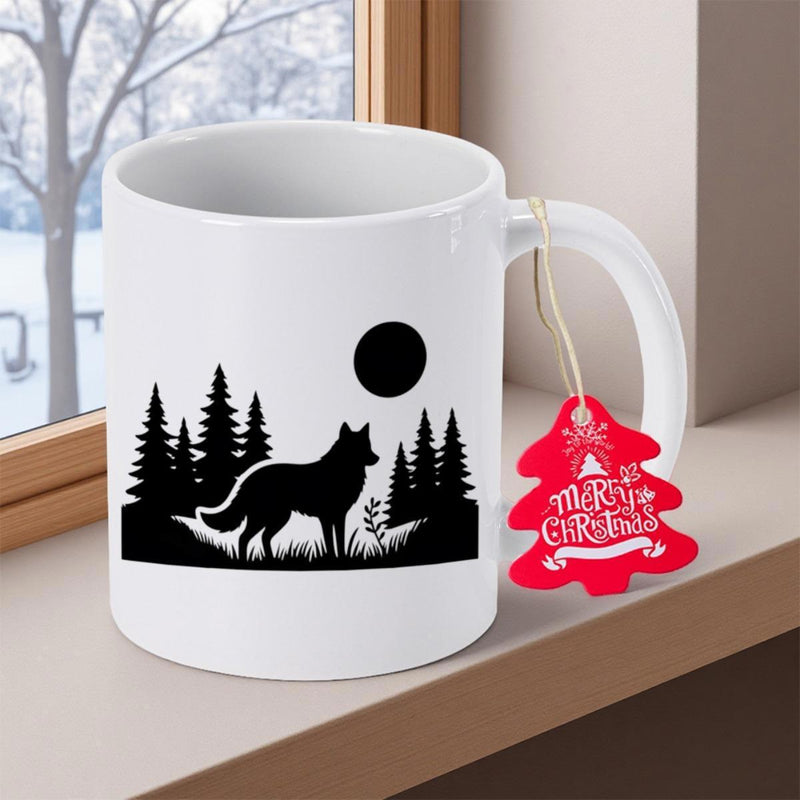 Tailorly White Ceramic 11 oz Mug - Merry Christmas Majestic Black Silhouette Standing Amidst Tall Pine Trees Under Large Moon Wolf