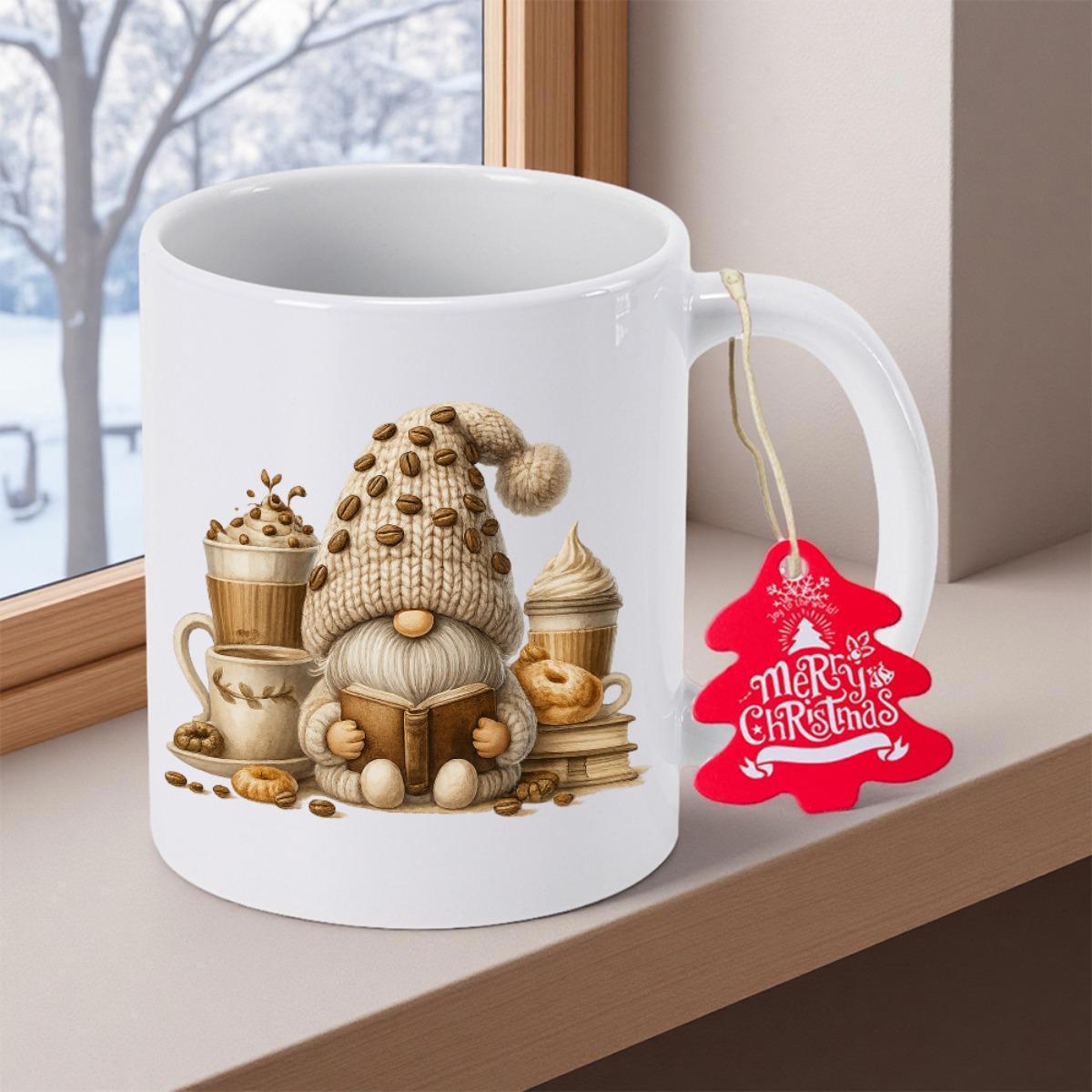 Tailorly White Ceramic 11 oz Mug - Merry Christmas Adorable Nordic Character Sitting Peacefully Among Warm Coffee Gnome