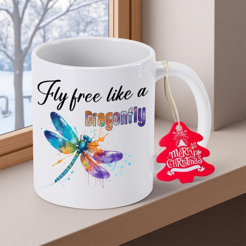 Tailorly White Ceramic 11 oz Mug - Fly Free Like A Dragonfly Vibrant Colorful Watercolor Style Wings Spreading Wide In Splattered Artistic Dragonfly