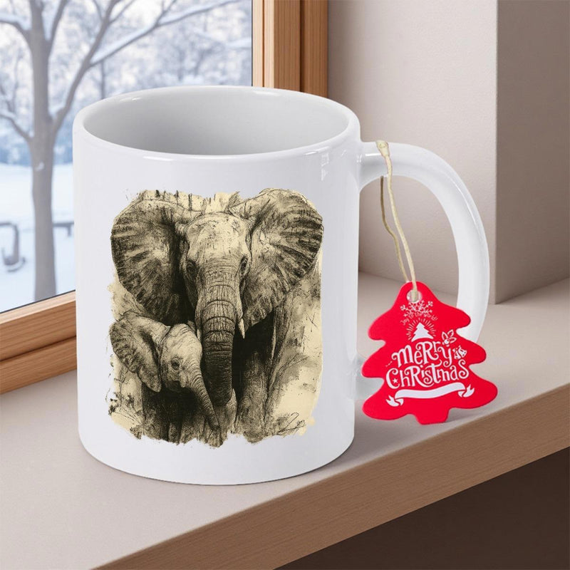 Tailorly White Ceramic 11 oz Mug - Merry Christmas Detailed Sketch Of Majestic Parent Elephant Standing Beside Its Gentle Small Calf Elephant