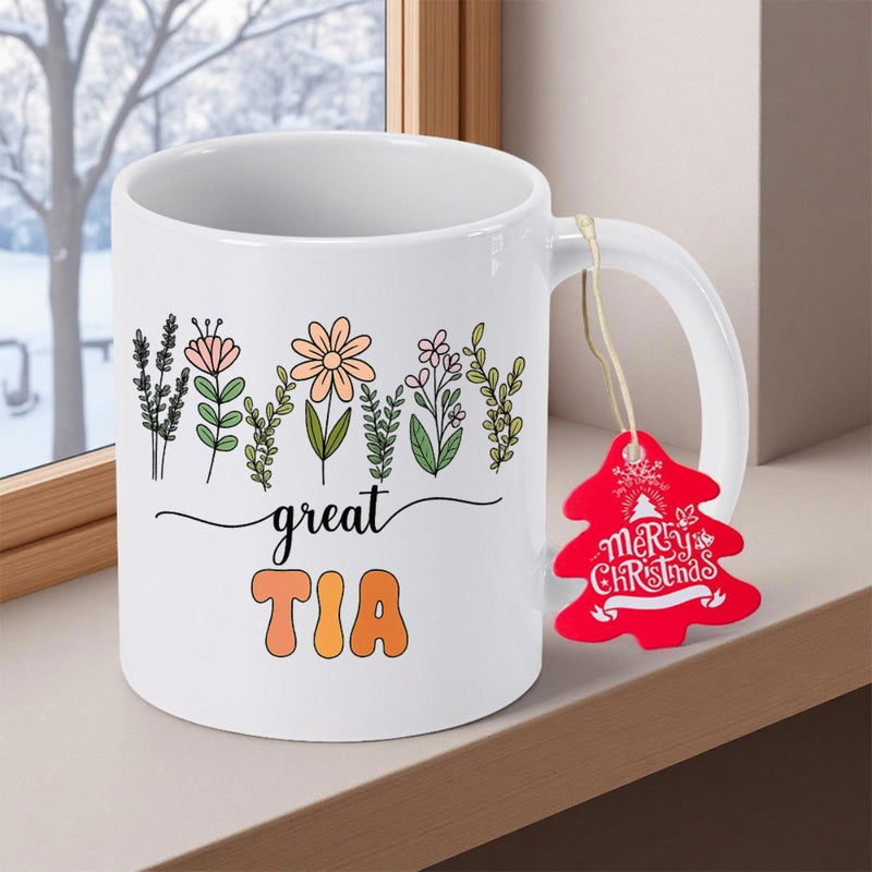 Tailorly White Ceramic 11 oz Mug - Great Tia Vibrant Minimalist Hand Painted Botanical Stems Growing In A Garden Wildflowers