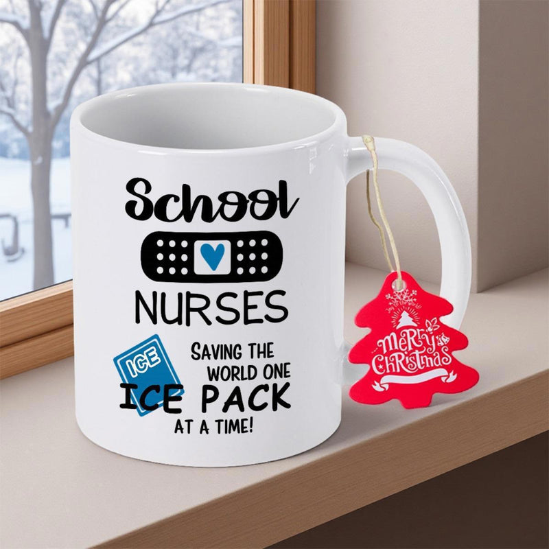 Tailorly White Ceramic 11 oz Mug - School Nurses Saving The World One Ice Pack At A Time Featuring Bandage And Heart Medical Illustration Mug