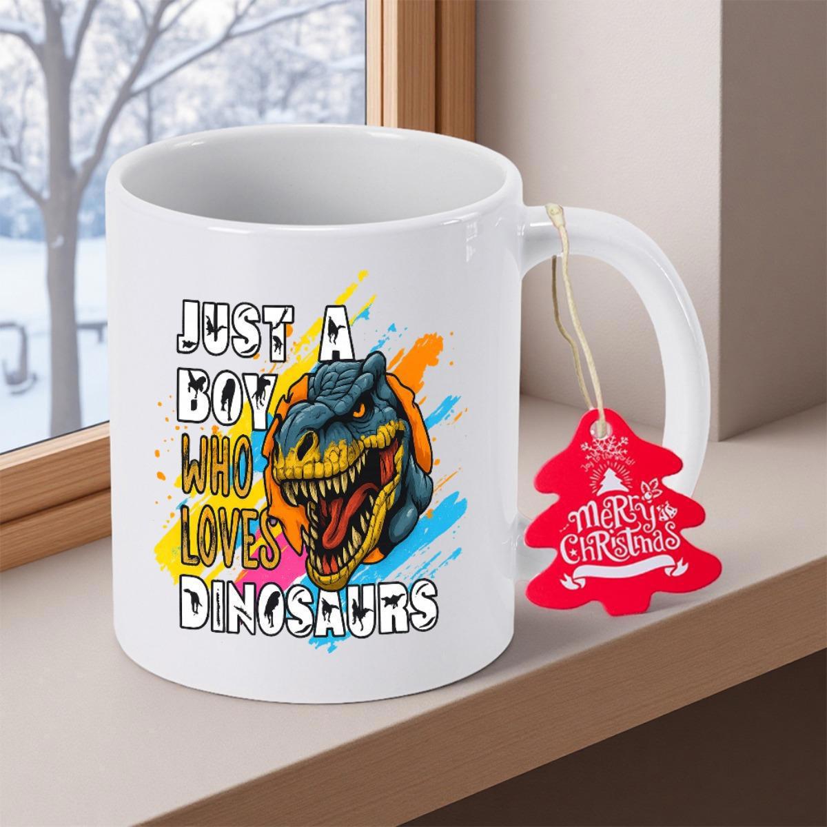 Tailorly White Ceramic 11 oz Mug - Just A Boy Who Loves Dinosaurs Colorful Artistic Paint Splashes Surrounding A Fierce Roaring Ancient Dinosaur