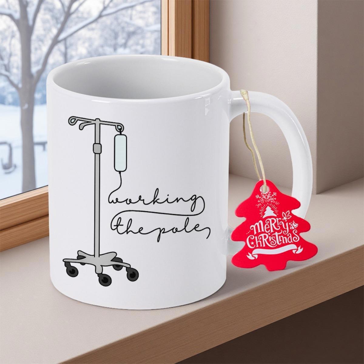 Tailorly White Ceramic 11 oz Mug - Working The Pole Minimalist Line Art Medical IV Stand With Rolling Wheels Stand