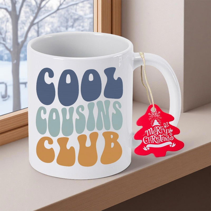 Tailorly White Ceramic 11 oz Mug - Cool Cousins Club Vibrant Retro Groovy Bubble Font Letters In Vintage Earth Tones Typographic Print