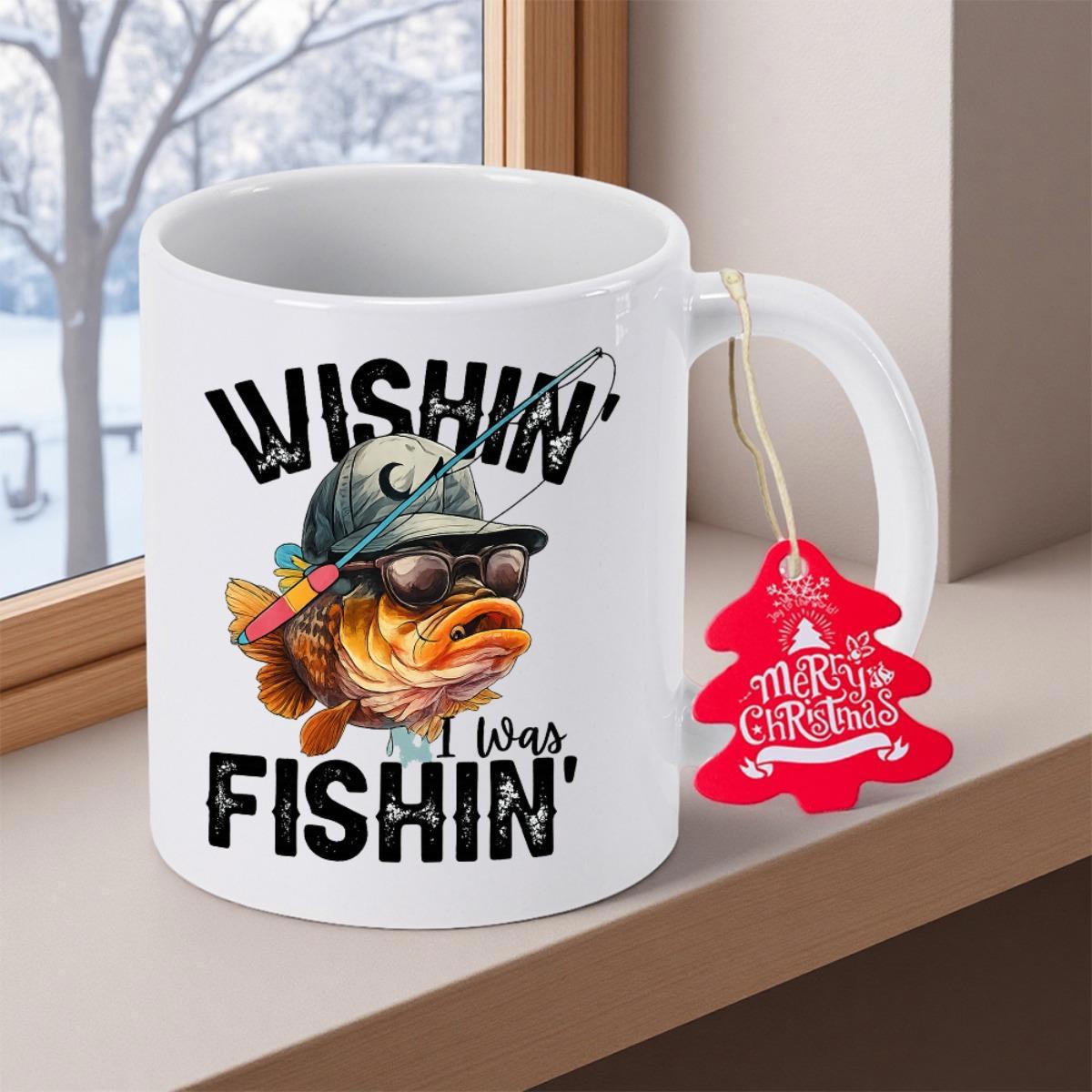 Tailorly White Ceramic 11 oz Mug - Wishin I Was Fishin Funny Cartoon Character Wearing Camouflage Hat And Sunglasses Fishing Fish