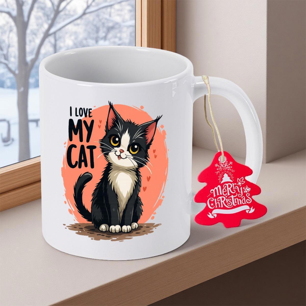 Tailorly White Ceramic 11 oz Mug - I Love My Cat Adorable Tuxedo Cat Sitting Against A Radiant Soft Orange Circle Background Cat