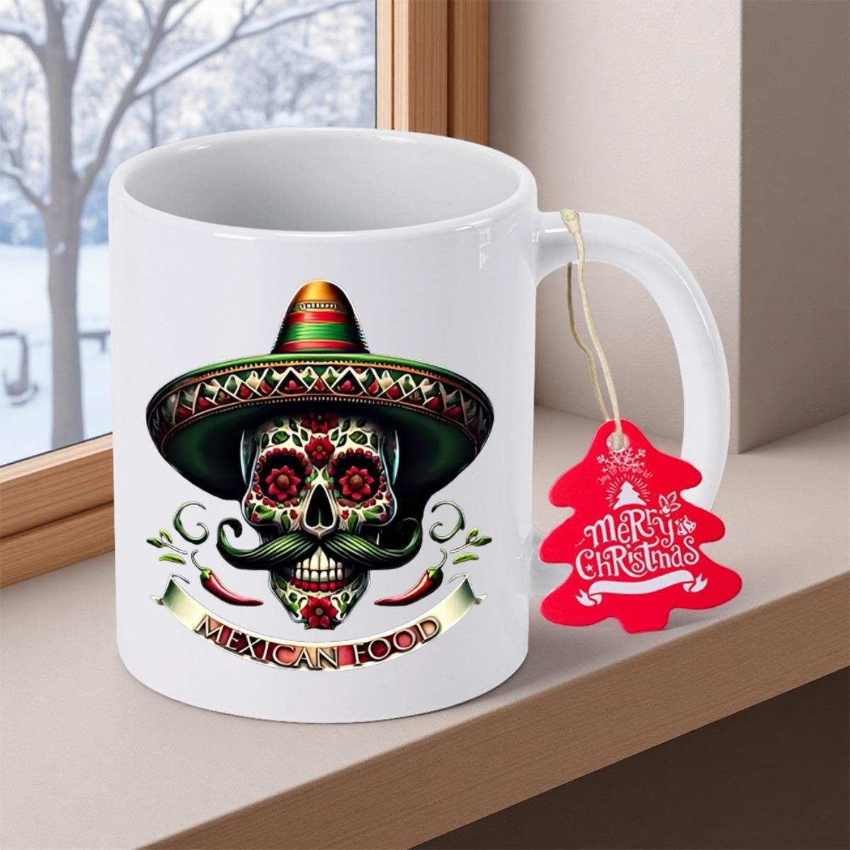 Tailorly White Ceramic 11 oz Mug - Mexican Food Decorative Sugar Skull Wearing Traditional Sombrero With Festive Mustachioed Style Skull