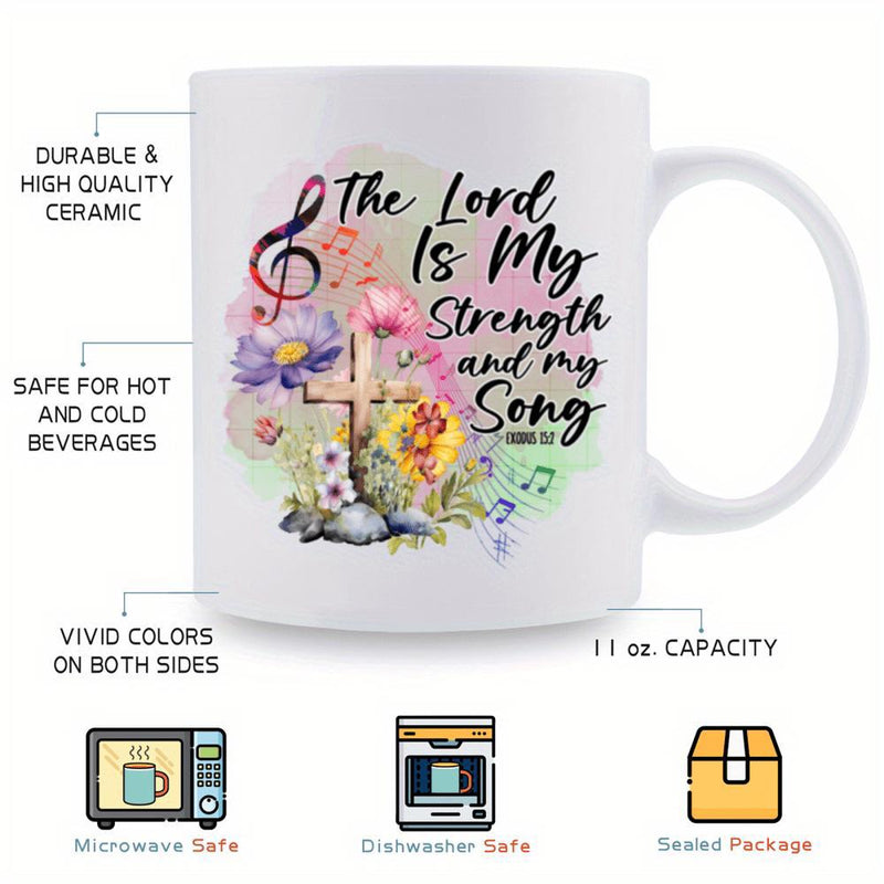 Tailorly White Ceramic 11 oz Mug - The Lord Is My Strength And My Song Blooming Flowers And Musical Notes Surrounding A Rustic Wooden Spiritual Cross
