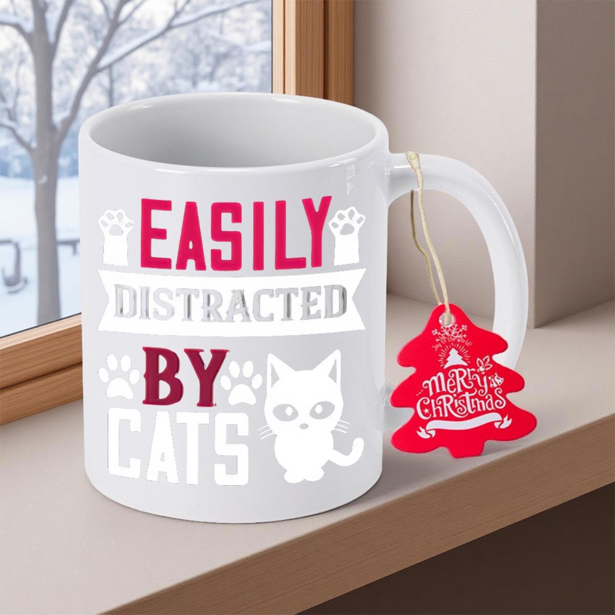 Tailorly White Ceramic 11 oz Mug - Easily Distracted By Cats Adorable Cartoon Kitten Among Small Delicate Paw Prints And Bold Lettering Cat