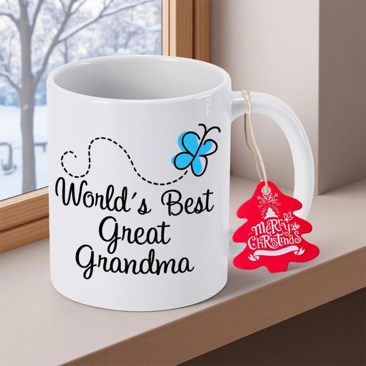 Tailorly White Ceramic 11 oz Mug - World's Best Great Grandma Small Blue Butterfly With Dotted Flying Trail Fluttering Across