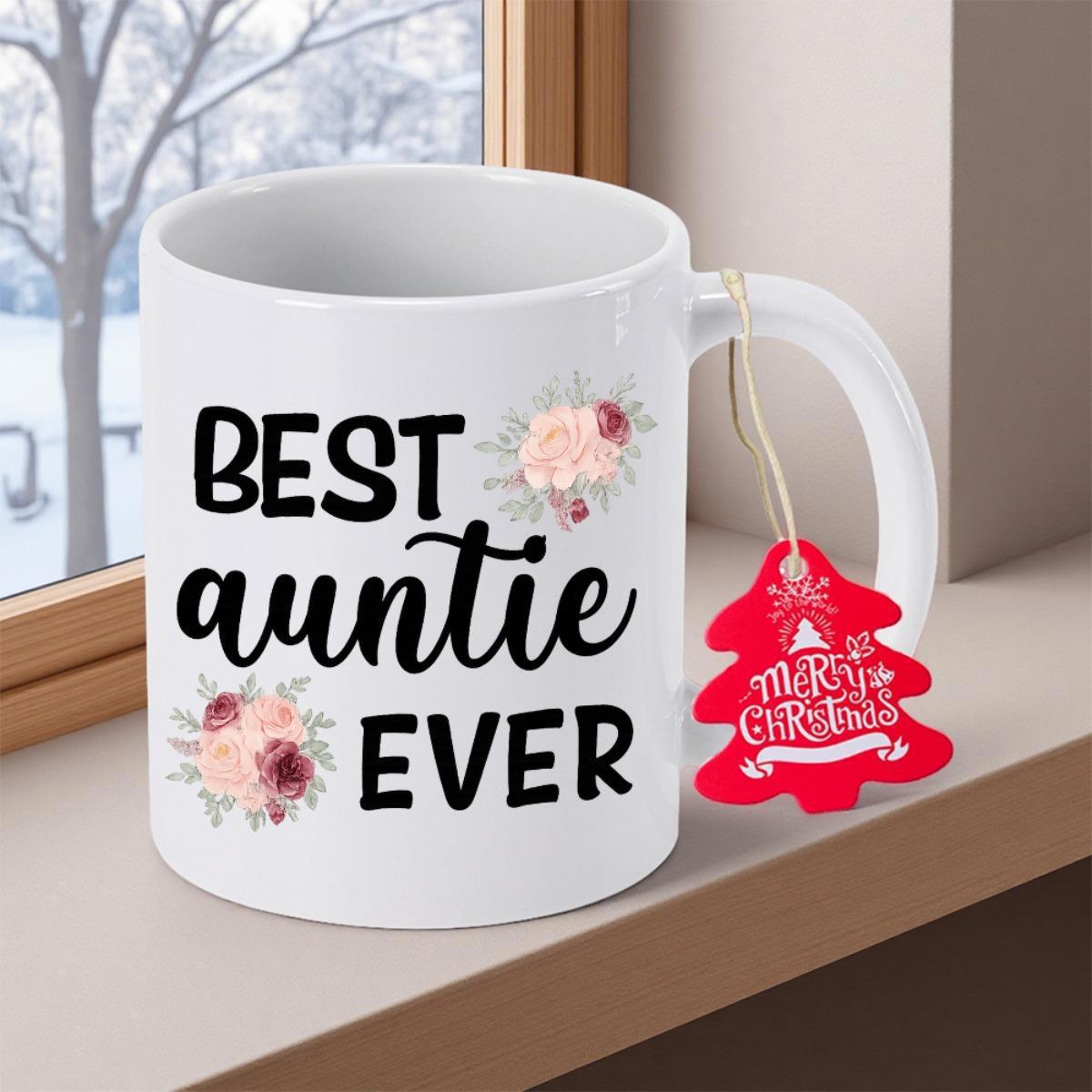 Tailorly White Ceramic 11 oz Mug - Best Auntie Ever Elegant Watercolor Floral Bouquets With Soft Pink Roses And Grey Leaves Rose
