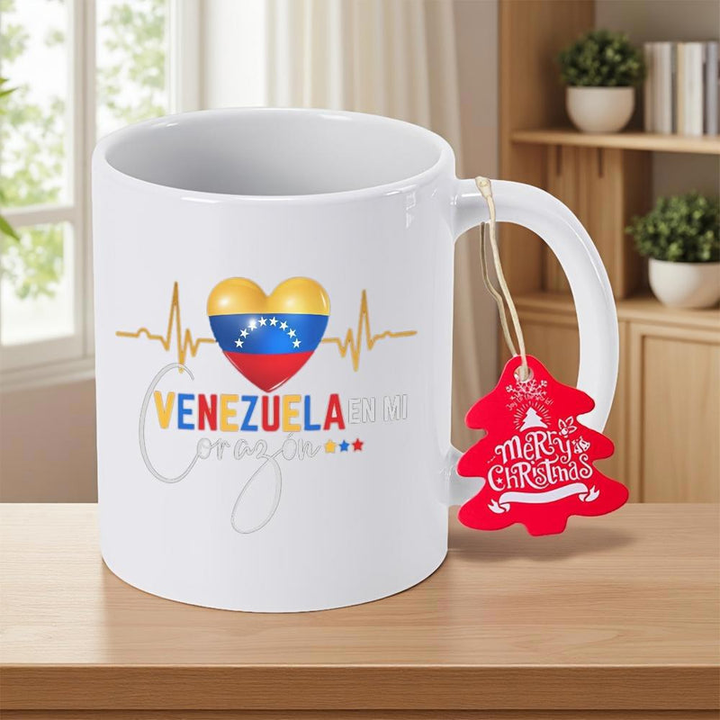 Tailorly White Ceramic 11 oz Mug - Venezuela Heart Shape Pattern With National Flag Colors And Golden Heartbeat Line Mug