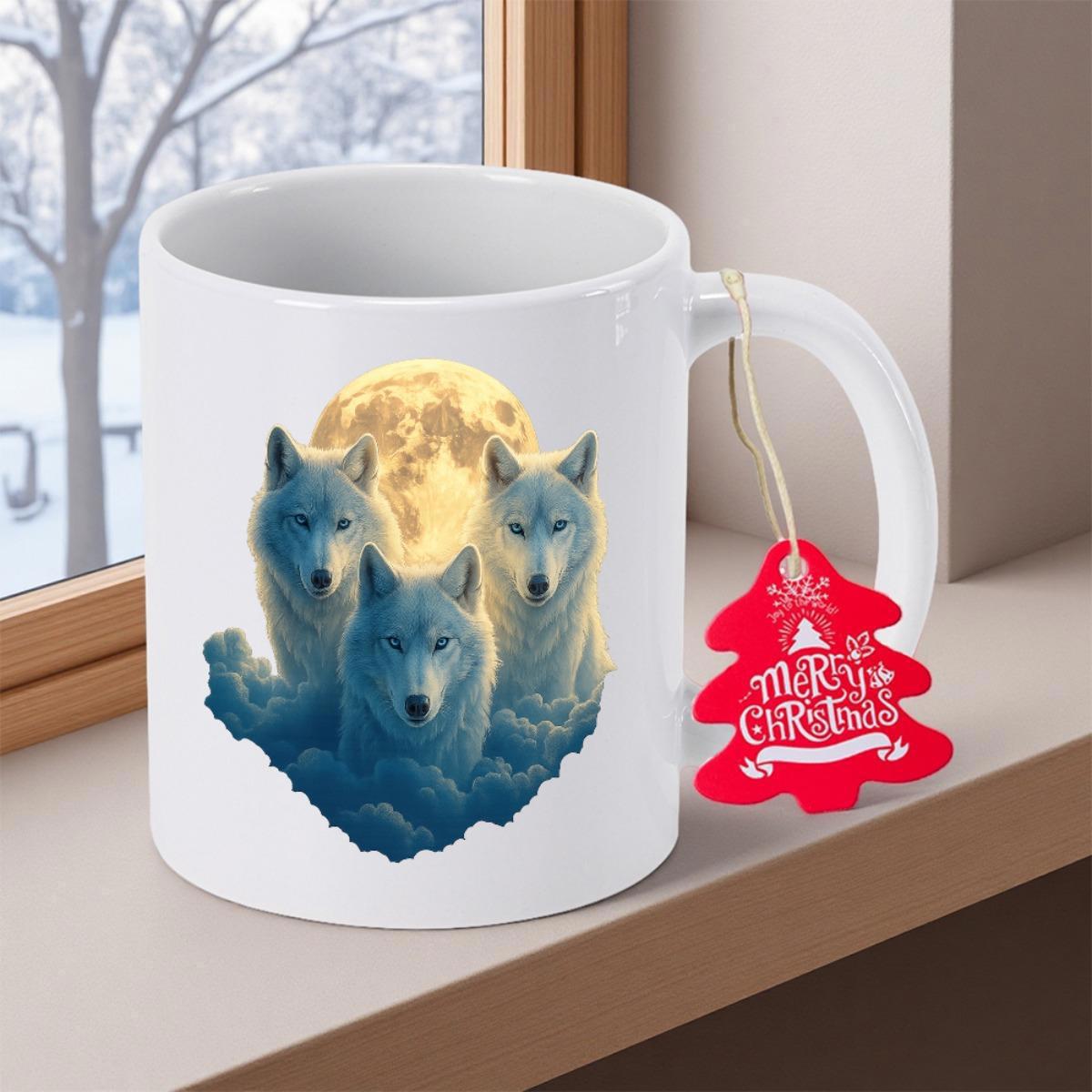 Tailorly White Ceramic 11 oz Mug - Majestic Three Wolves Standing Under The Bright Glowing Full Moon Wolf