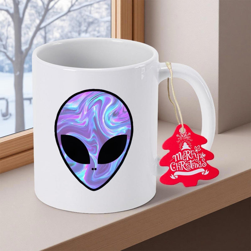Tailorly White Ceramic 11 oz Mug - Holographic Swirling Purple Pattern Inside A Mysterious Galactic Extraterrestrial Face Alien