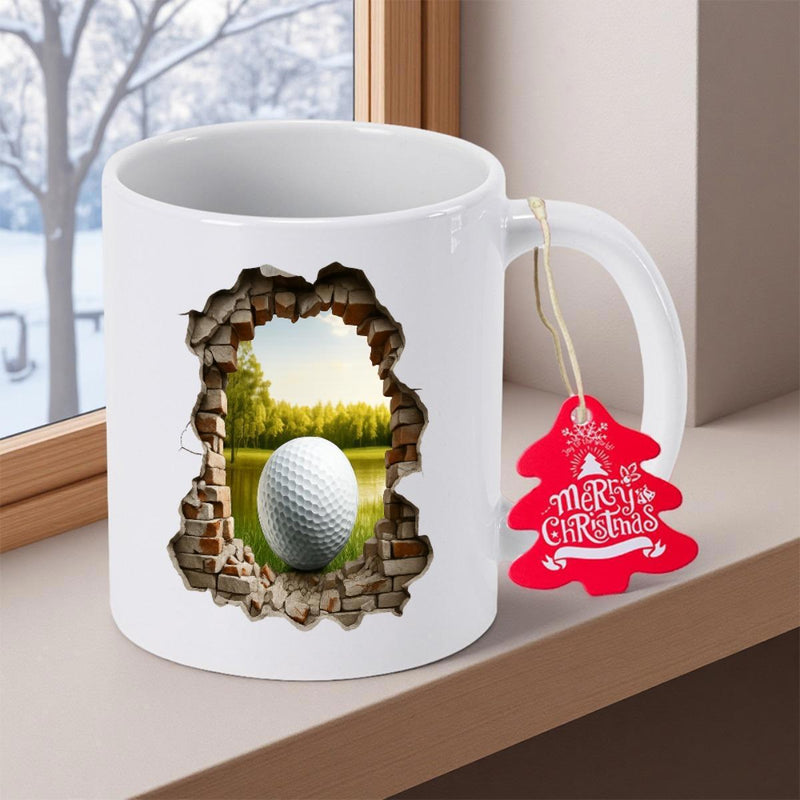 Tailorly White Ceramic 11 oz Mug - Merry Christmas Realistic Cracked Wall Hole Showing Sunlit Green Grass Course Golf Ball