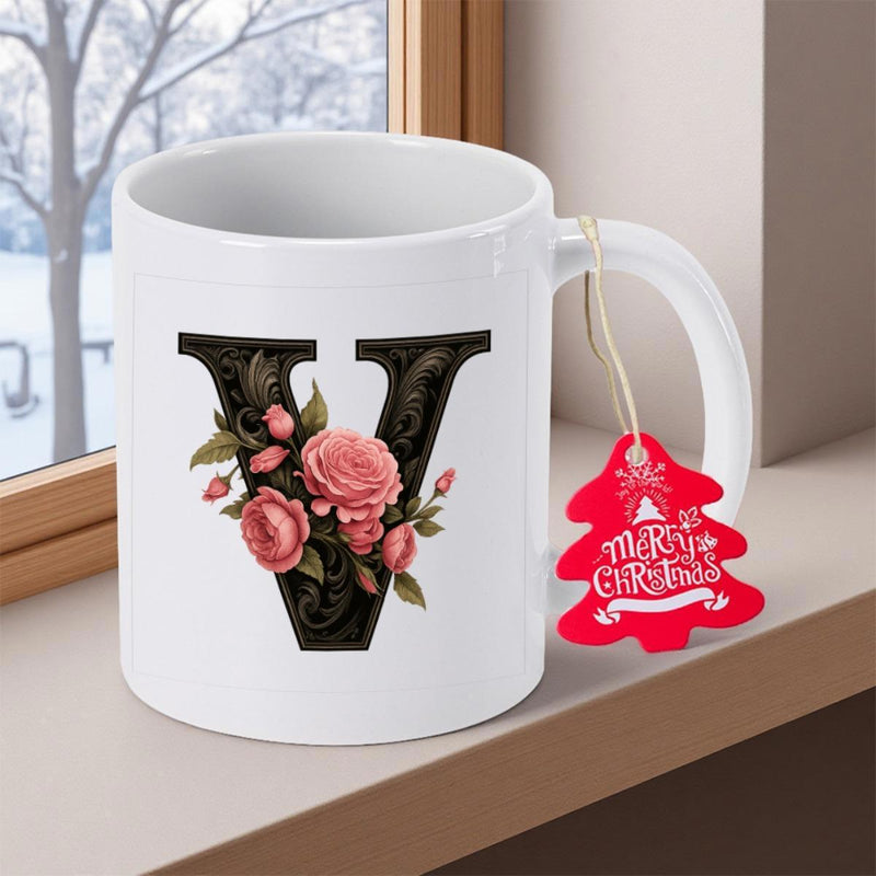 Tailorly White Ceramic 11 oz Mug - Merry Christmas Floral Letter V Surrounded By Pink Roses And Green Leaves Ceramic Mug