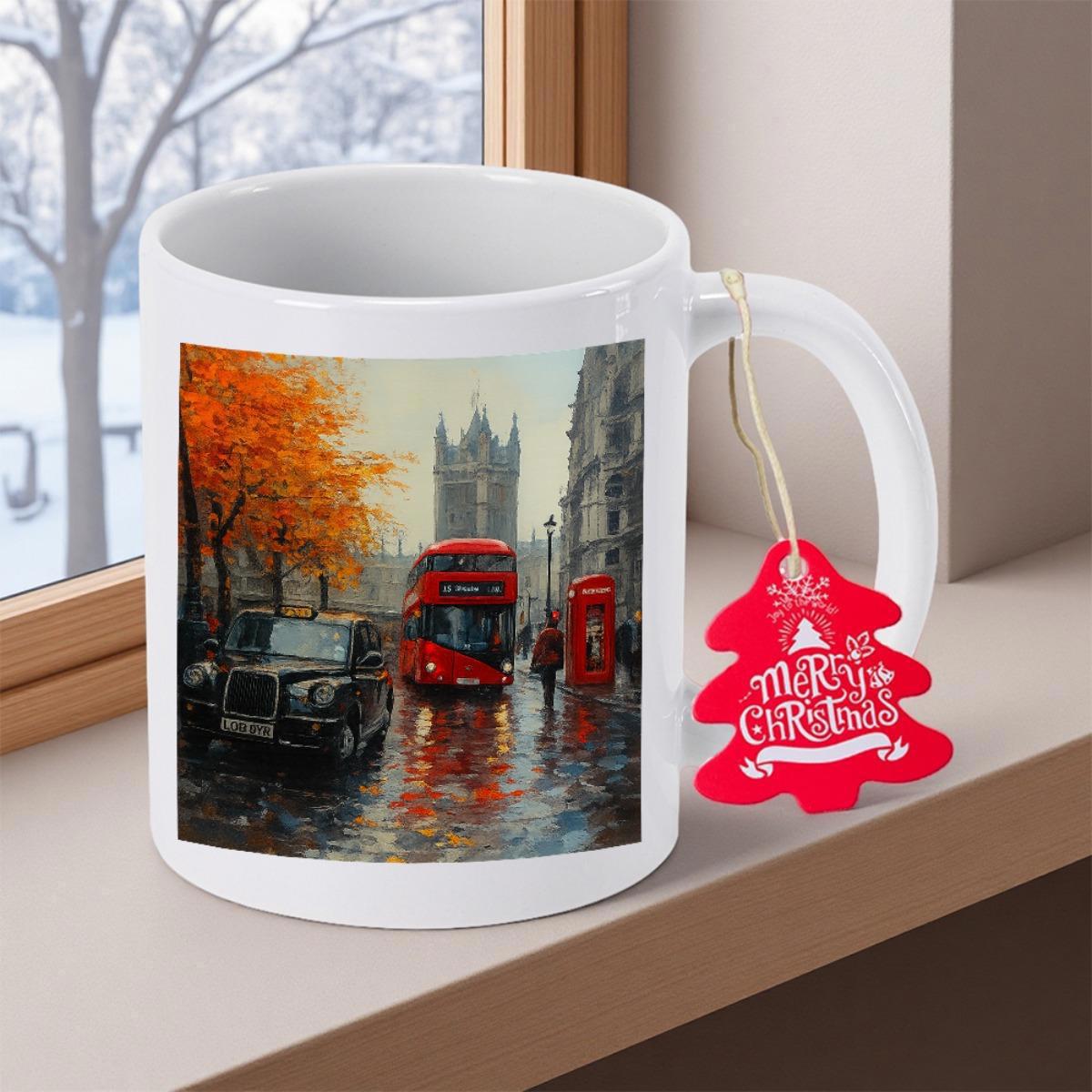 Tailorly White Ceramic 11 oz Mug - Merry Christmas Iconic Red Double Decker Passing Tower Bridge Under Autumn Tree Bus