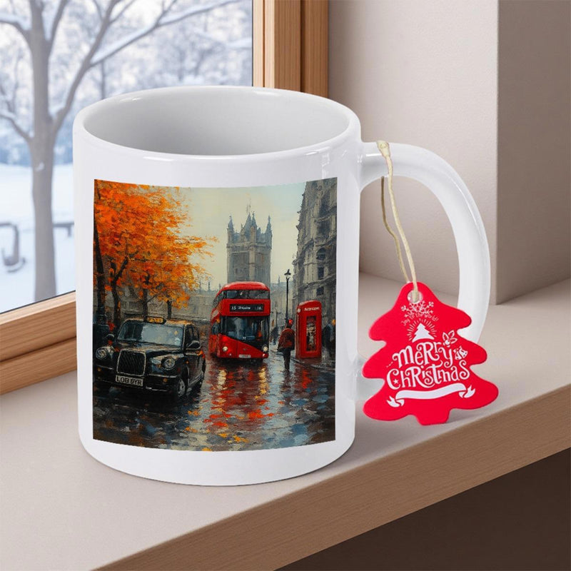Tailorly White Ceramic 11 oz Mug - Merry Christmas Iconic Red Double Decker Passing Tower Bridge Under Autumn Tree Bus